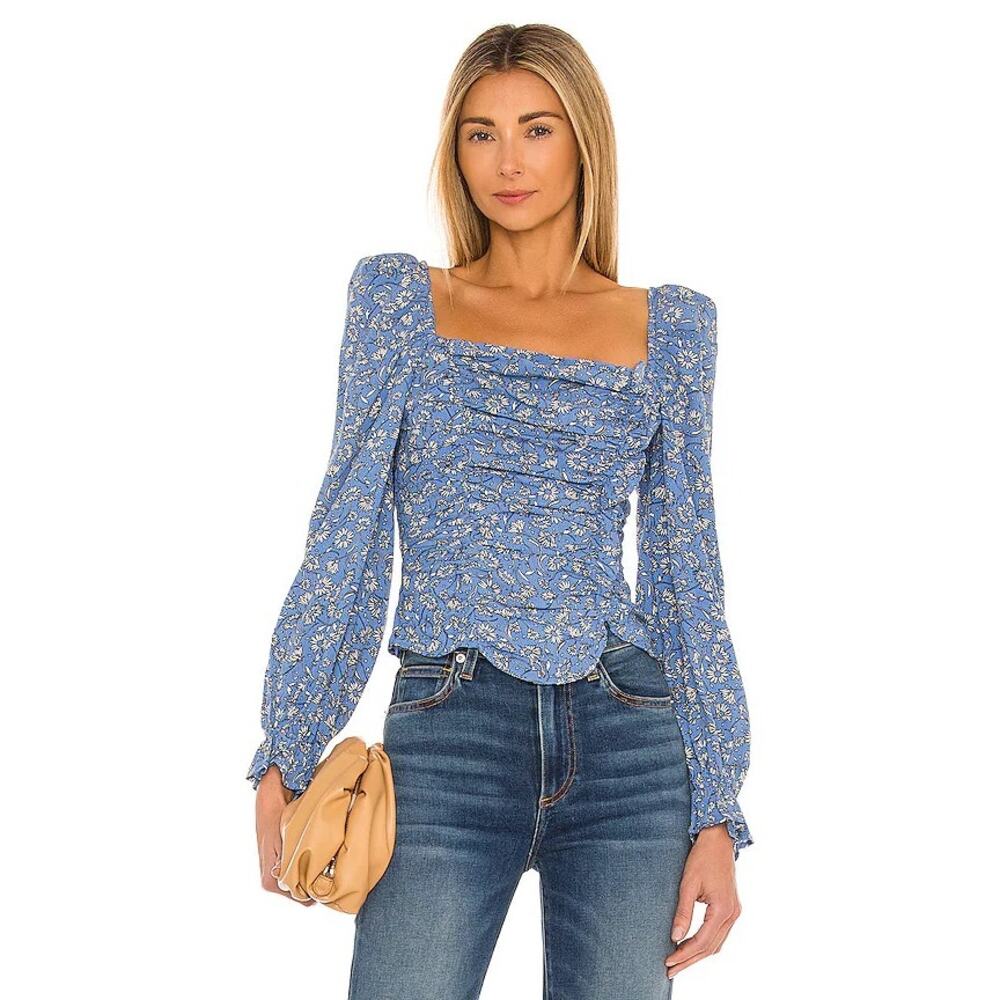 Astr Blue Floral Square-Neck Long Sleeve Blouse